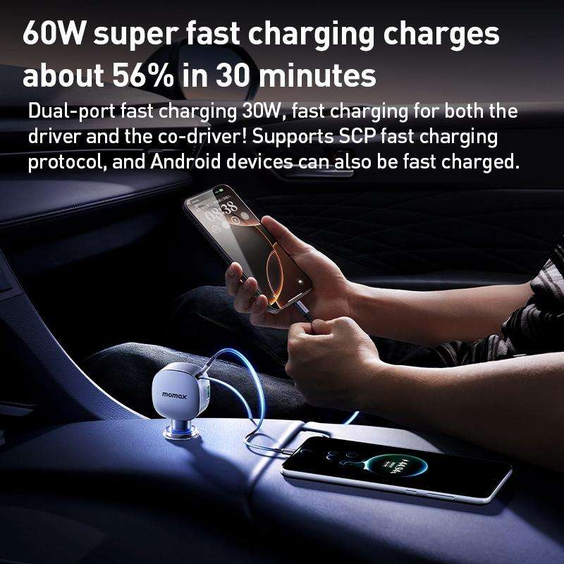 MOMAX UC19 60W 3 in 1 Car Charger with Retractable Cable(Dark Grey)