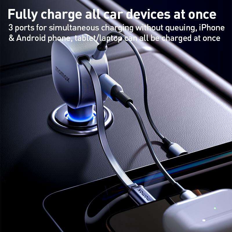 MOMAX UC19 60W 3 in 1 Car Charger with Retractable Cable(Dark Grey)