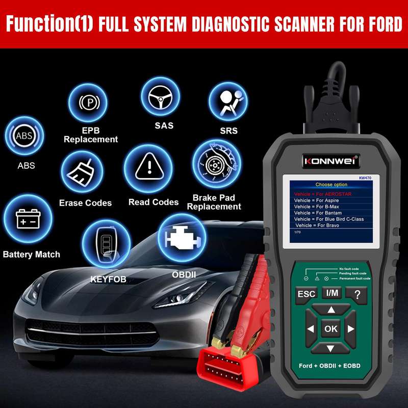 KONNWEI KW470 2.8 inch Color Screen Car OBD2 Fault Diagnostic Scan Tool for Ford(Black Green)