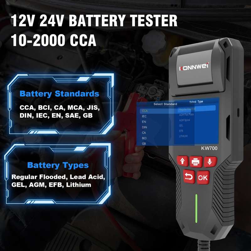 KONNWEI KW700 12V / 24V 2.8 inch Color Screen Car Battery Tester with Printer(Black)