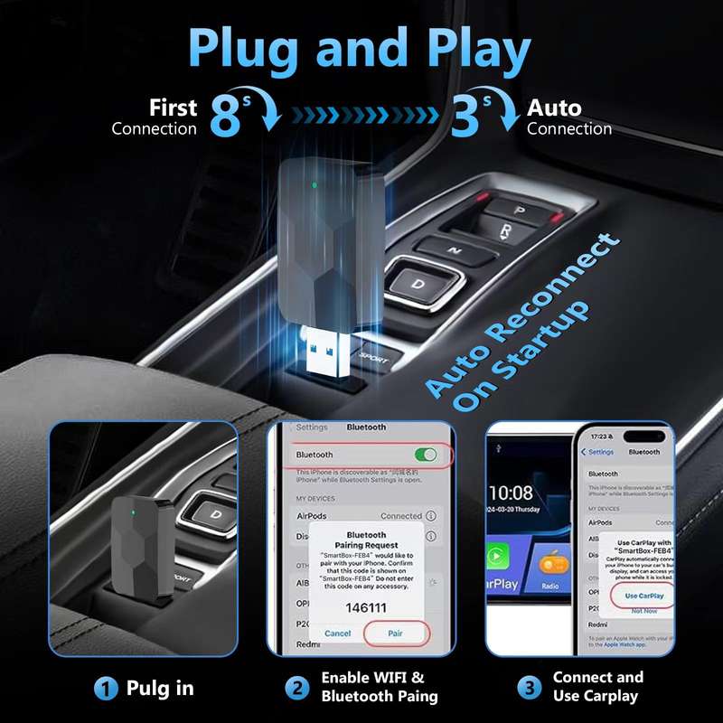 2 in 1 USB Wired to Wireless Car CarPlay / Android Auto Box Adapter(Black)