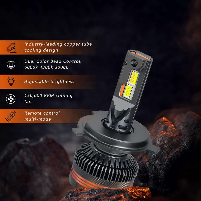 H4 2pcs/Pack 60W 8000LM 6000K Three Color Remote Control Car LED Headlight Bulb