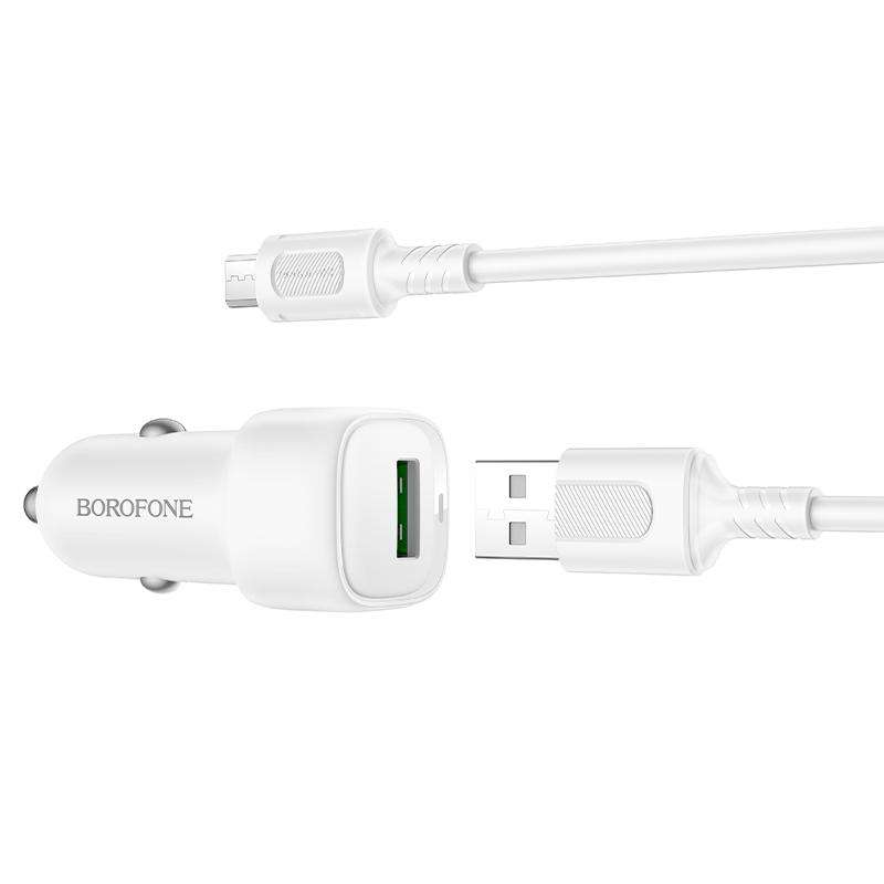 BOROFONE BZ34 Cloud QC3.0 USB Car Charger Set, with 1m USB to Micro USB Cable(White)