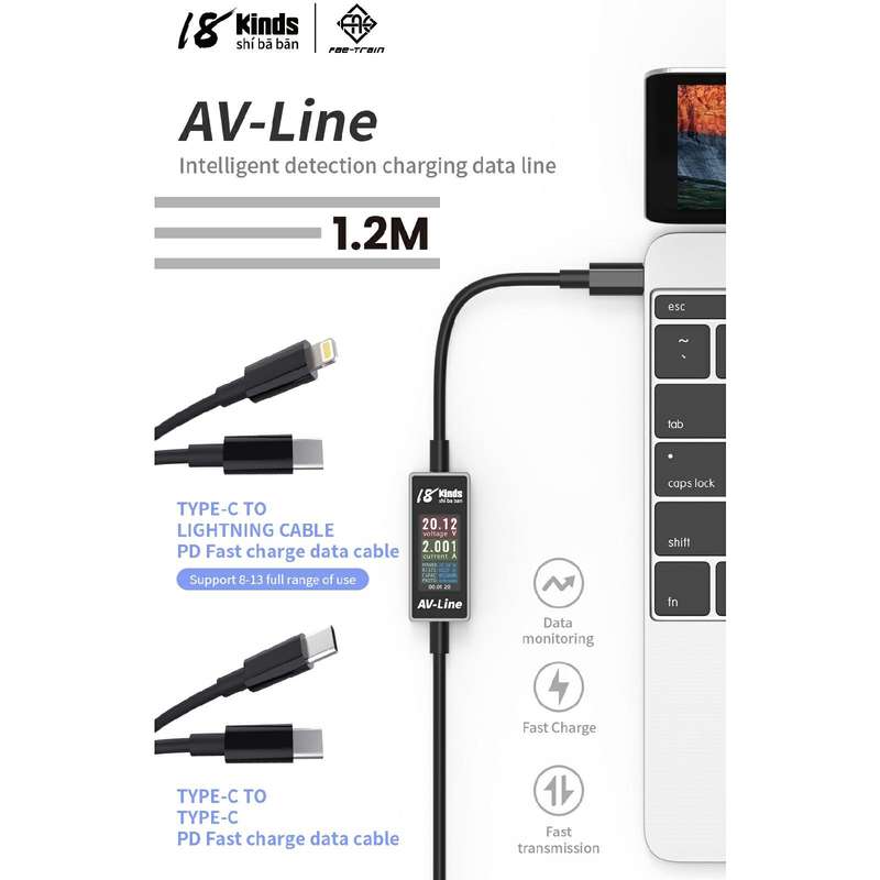 18 Kinds AV-Line Pro 1.2m Intelligent Detection Charging Data Cable, Interface:Type-C to 8 Pin
