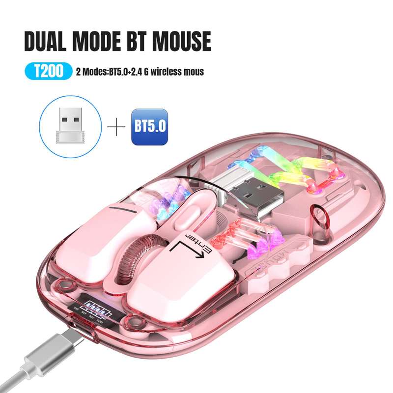 HXSJ T200 Dual Modes 2.4G BT5.0 Transparent RGB Wireless Mouse(Pink)