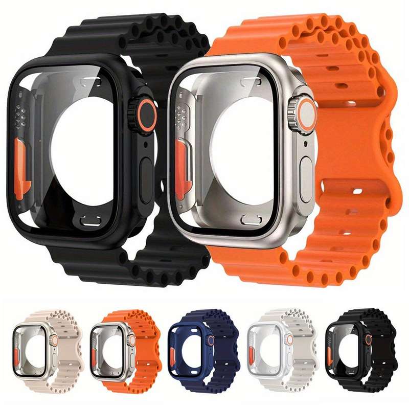 For Apple Watch Series 41mm Butterfly Buckle Ocean Silicone Watch Band with Film Integrated PC Case(