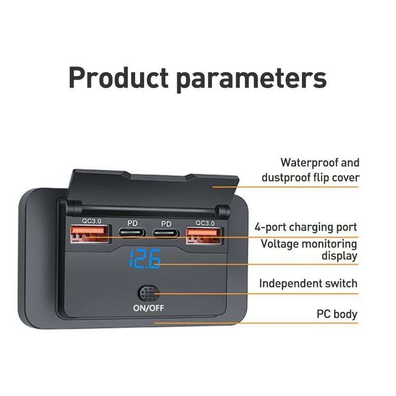 Car Modified 4-port Charger, with Voltmeter & Switch(Black)