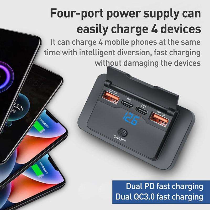 Car Modified 4-port Charger, with Voltmeter & Switch(Black)