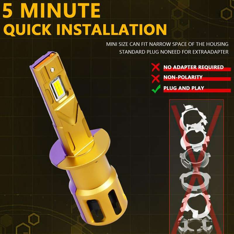 H1 2pcs/Pack 35W 3000LM 6500K IP68 Waterproof Car LED Headlight Bulb(Gold)