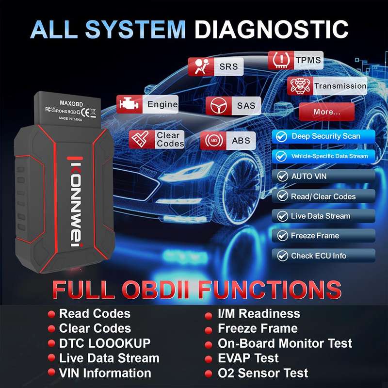 KONNWEI MAXOBD Full Car System Scanner OBD2 Diagnostic Tool Code Read(Black)