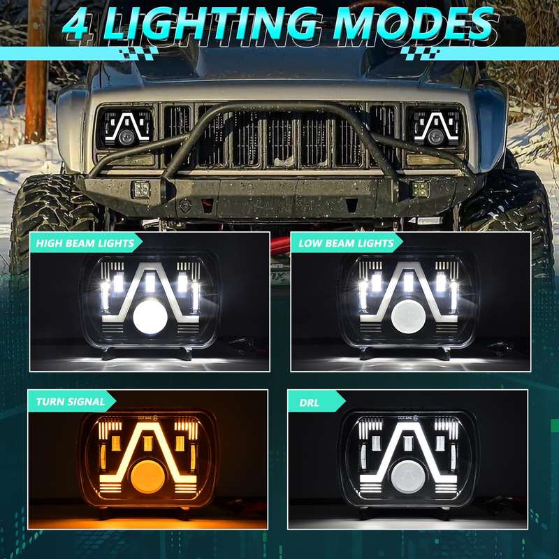 Y24 H4 7 inch Car V-style Square Modified Headlight for Jeep Wrangler(Black)