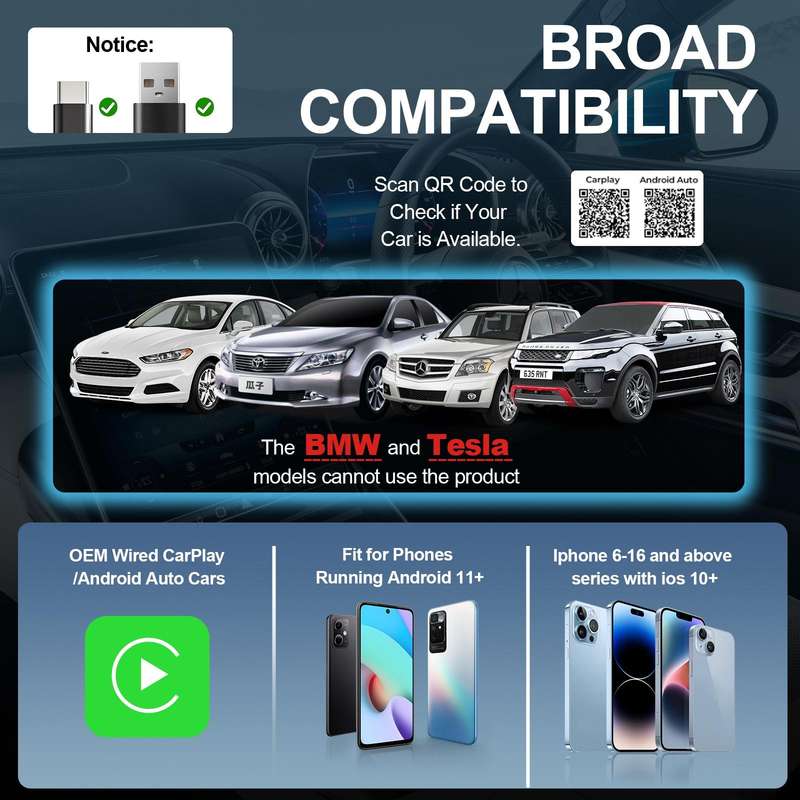 2 in 1 Car CarPlay and Android Auto Wired to Wireless Smart Box Adapter Mini USB Converter(Black)