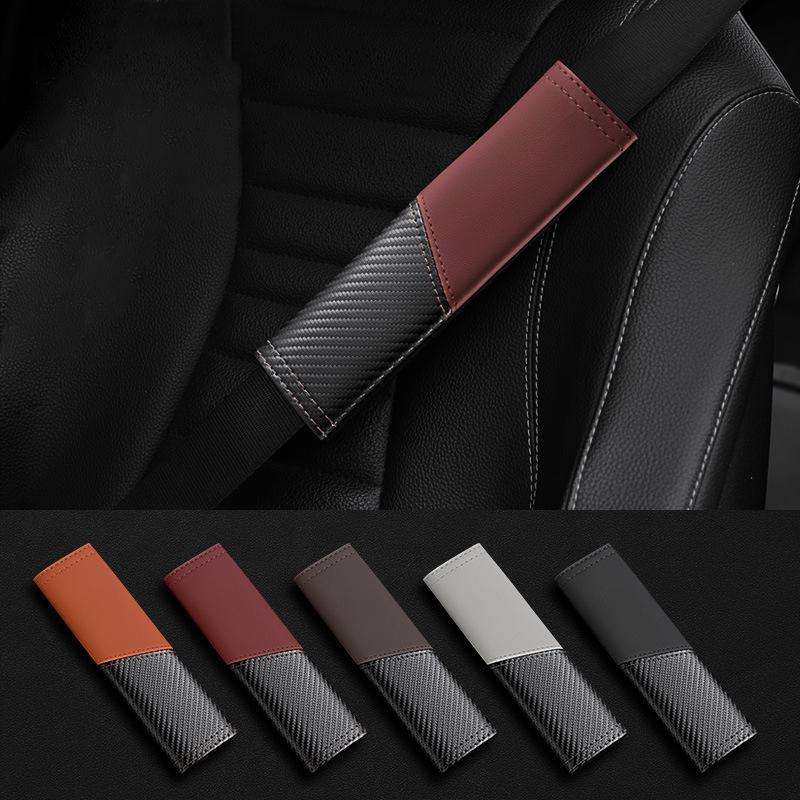 Car Leather Carbon Fiber Stitching Seat Belt Shoulder Guard(Brown)