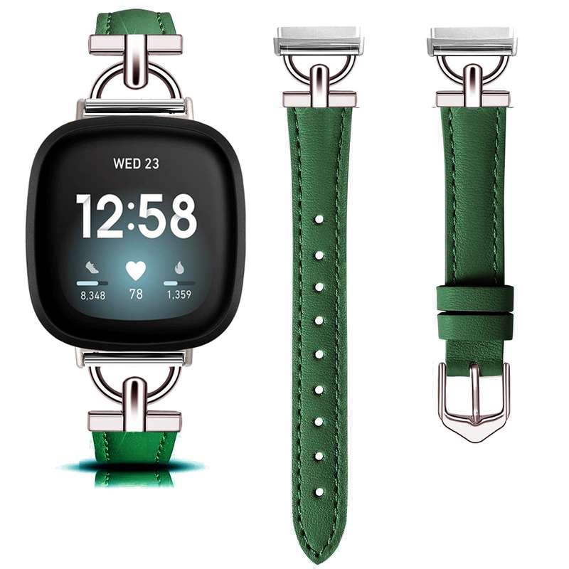 For Fitbit Versa 3 / 4 / Sense 2 D Metal Genuine Leather Watch Band(Green)