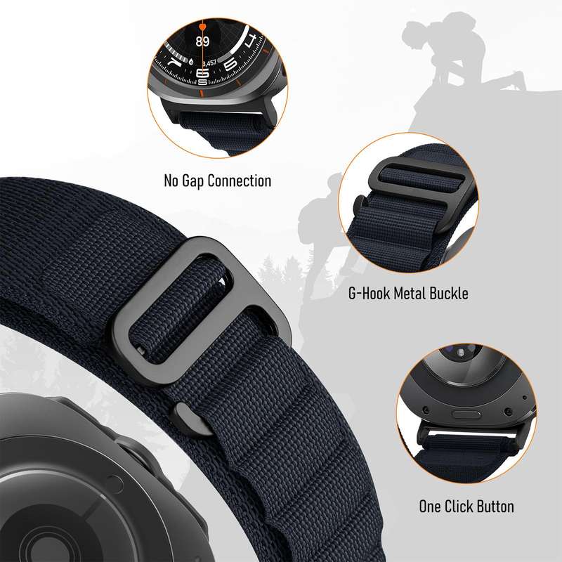 For Samsung Galaxy Watch Ultra 47mm xDfind Black Buckle Loop Nylon Watch Band(Midnight Blue)