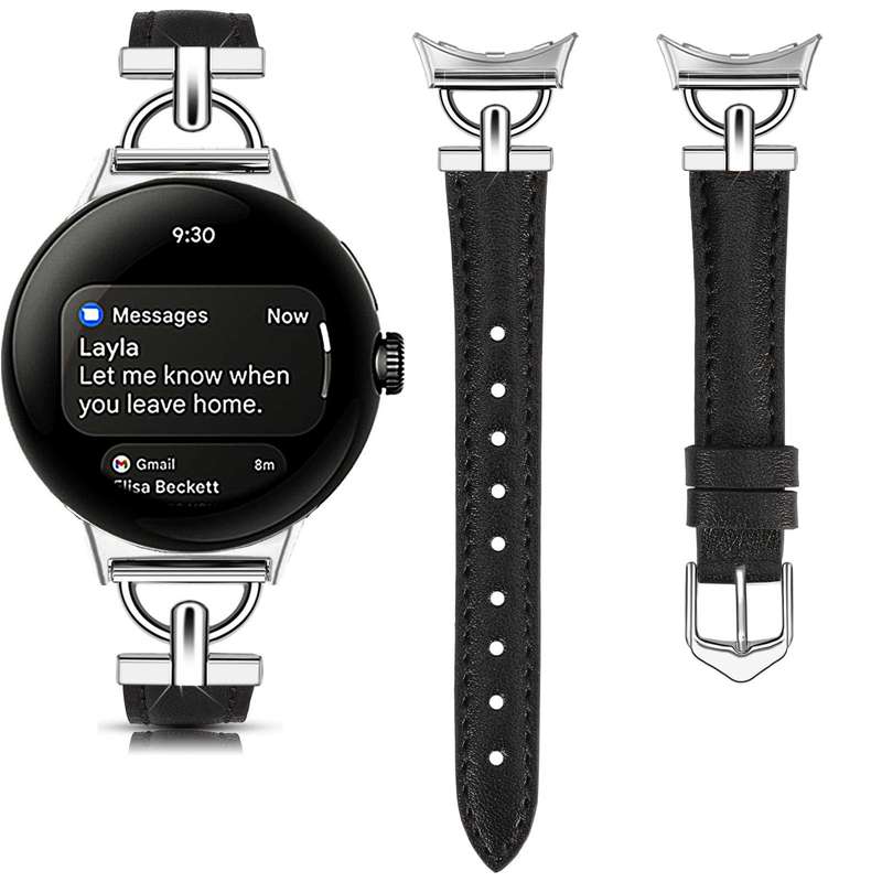 For Google Pixel Watch 1 / 2 / 3 41mm D-shaped Metal Slim Waist Leather Watch Band(Light Pink)