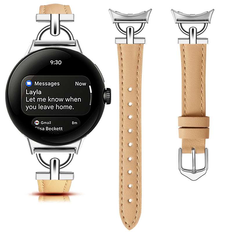 For Google Pixel Watch 1 / 2 / 3 41mm D-shaped Metal Slim Waist Leather Watch Band(Light Pink)