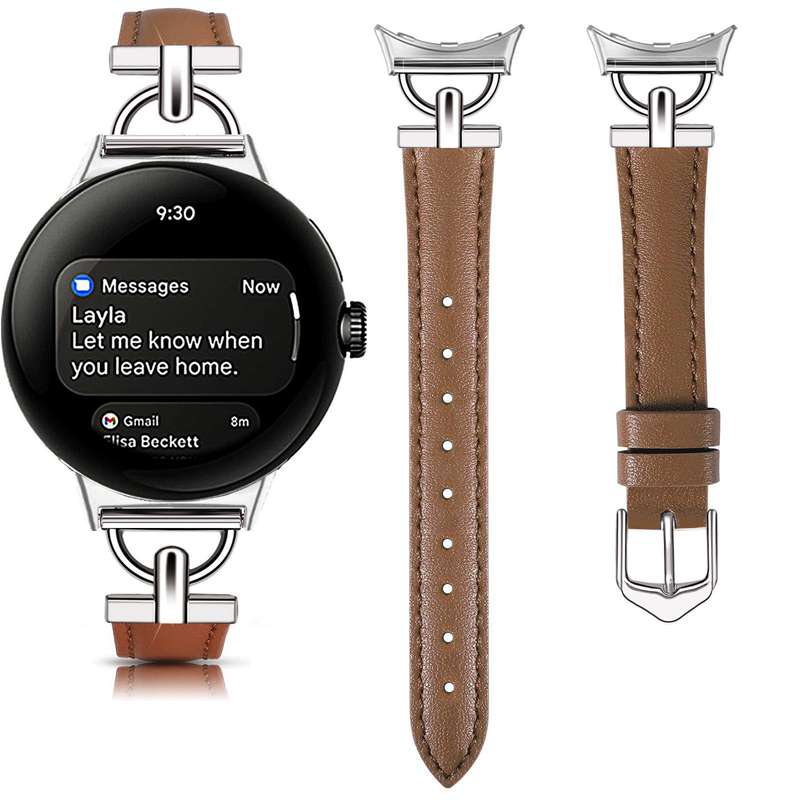 For Google Pixel Watch 1 / 2 / 3 41mm D-shaped Metal Slim Waist Leather Watch Band(Light Pink)