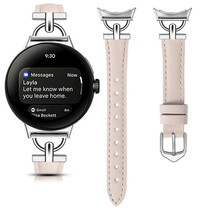 For Google Pixel Watch 1 / 2 / 3 41mm D-shaped Metal Slim Waist Leather Watch Band(Light Pink)