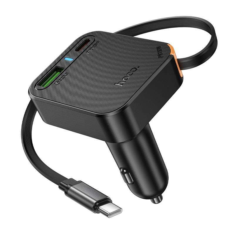 hoco NZ18 Guardian PD65W USB and Type-C Dual Port Car Charger with Type-C Retractable Cable(Black)