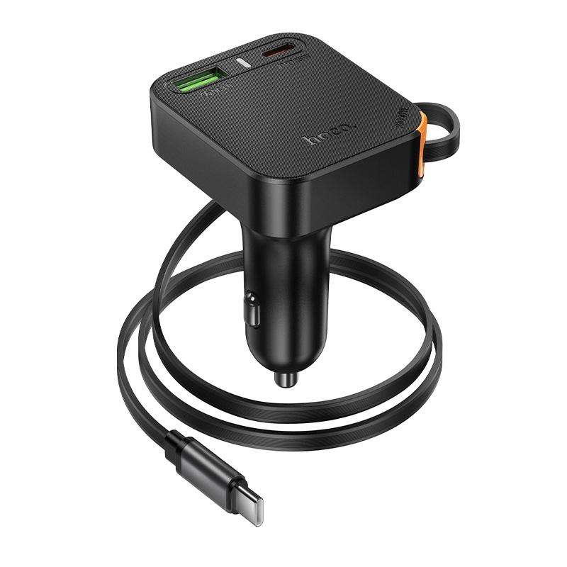 hoco NZ18 Guardian PD65W USB and Type-C Dual Port Car Charger with Type-C Retractable Cable(Black)