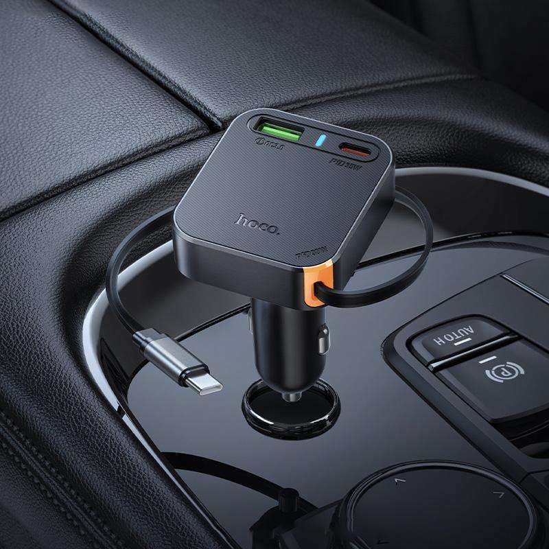 hoco NZ18 Guardian PD65W USB and Type-C Dual Port Car Charger with Type-C Retractable Cable(Black)