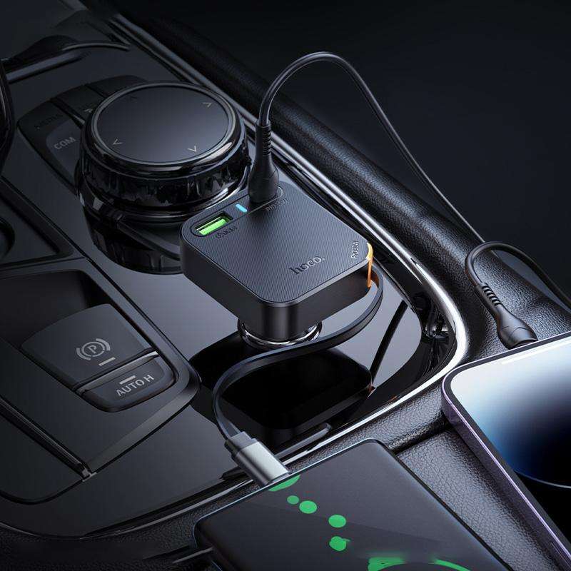 hoco NZ18 Guardian PD65W USB and Type-C Dual Port Car Charger with Type-C Retractable Cable(Black)