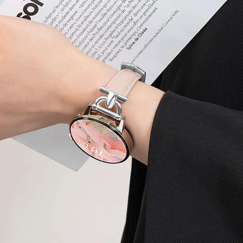 20mm Flat-Head D-shaped Metal Genuine Leather Watch Band(Light Pink)