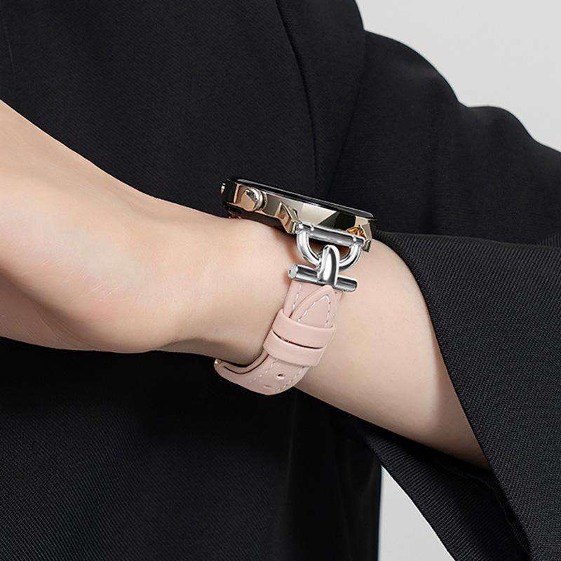 20mm Flat-Head D-shaped Metal Genuine Leather Watch Band(Light Pink)