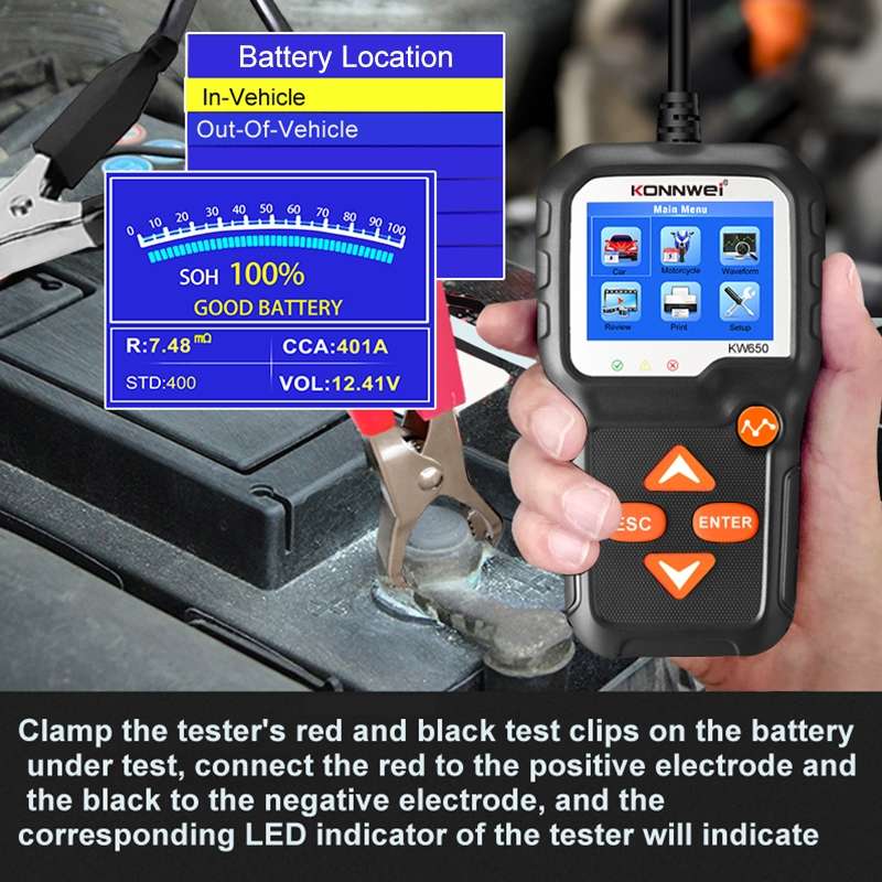KONNWEI KW650 6V- 12V Car Motorcycle Battery Lawn Mower Detector with 2.4 inch Color Display & Wavef