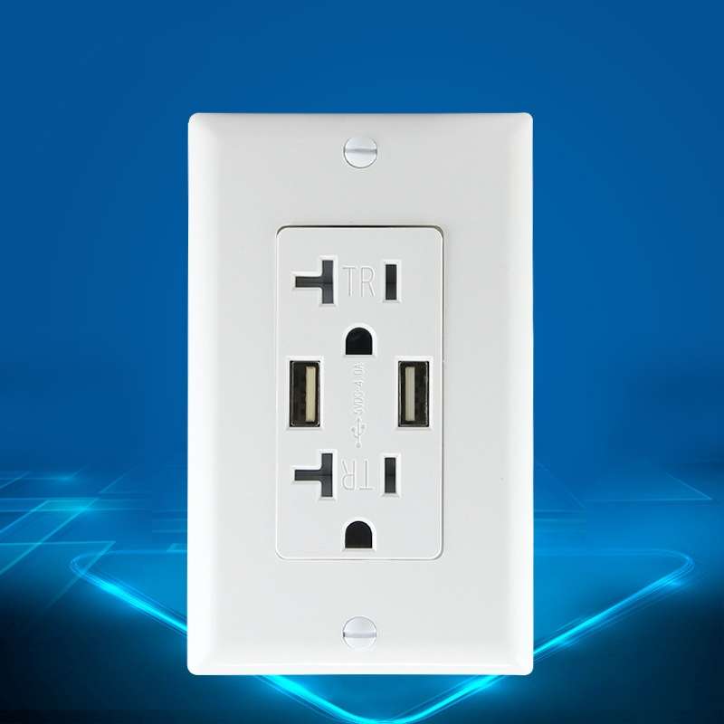 PC Double-connection Power Socket Switch with USB, US Plug, Square White UL 15A Leakage Protection S