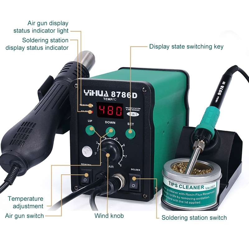 YIHUA 8786D 2 in 1 AC 220V LED Display Adjustable Temperature Hot Air Gun + Solder Station & Solderi