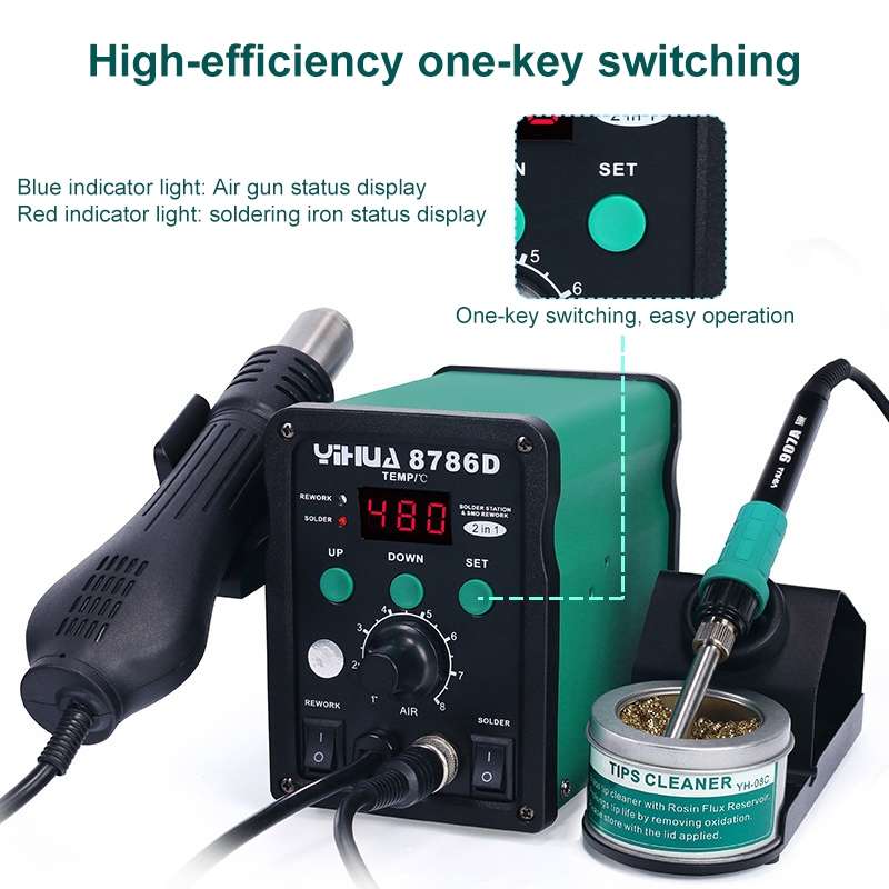 YIHUA 8786D 2 in 1 AC 220V LED Display Adjustable Temperature Hot Air Gun + Solder Station & Solderi