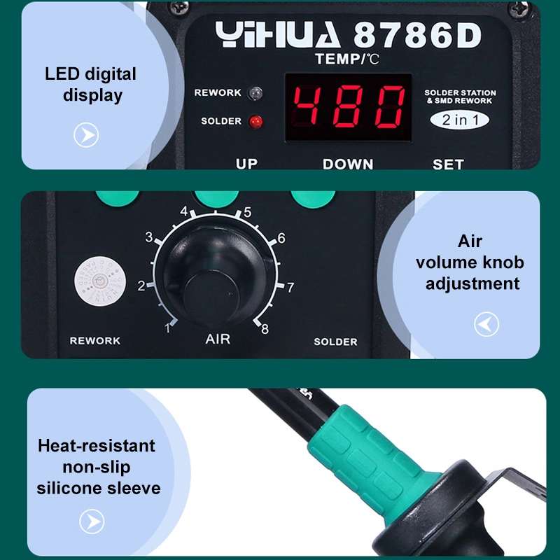 YIHUA 8786D 2 in 1 AC 220V LED Display Adjustable Temperature Hot Air Gun + Solder Station & Solderi