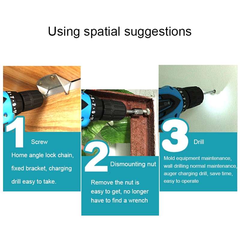 VOTO 12V Stepless Speed Regulation Rechargeable Hand Drill Set Electric Drill Power Tools with LED L