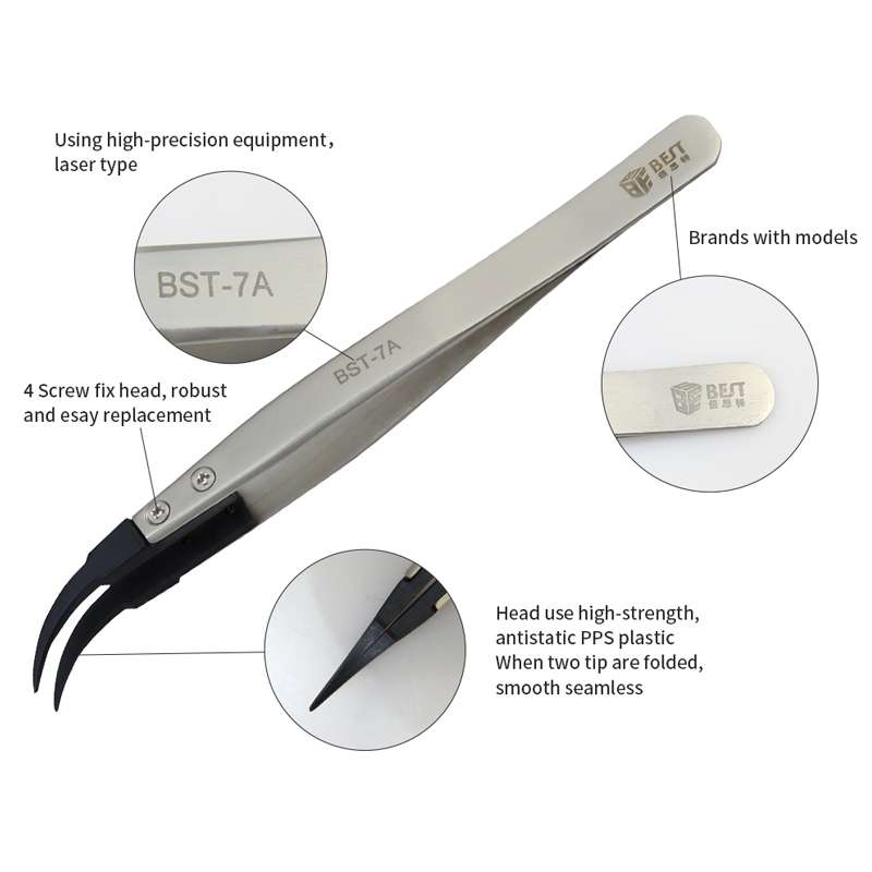 BEST BST-7A Curved Head Tweezers for Mobile Phone / Computer Repair