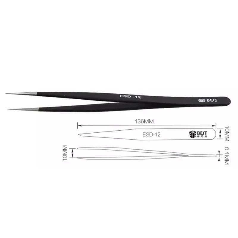 BEST BST-12 Precision Anti-static ESD Stainless Steel Tweezers