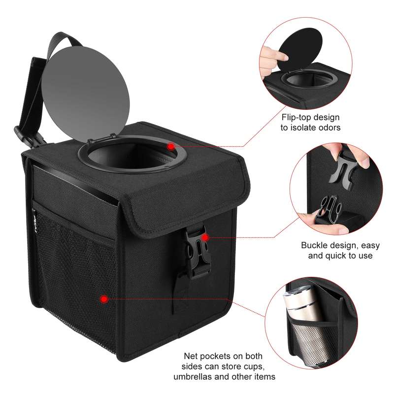 FUNADD Portable Folding Car Back Seat Hook Garbage Can Car Storage Box (Black)