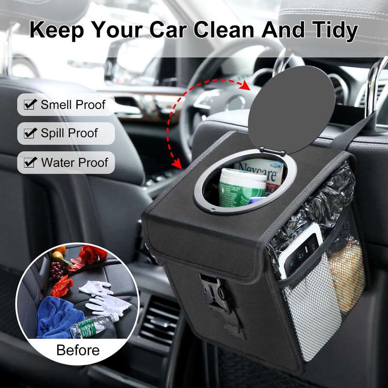 FUNADD Portable Folding Car Back Seat Hook Garbage Can Car Storage Box (Black)