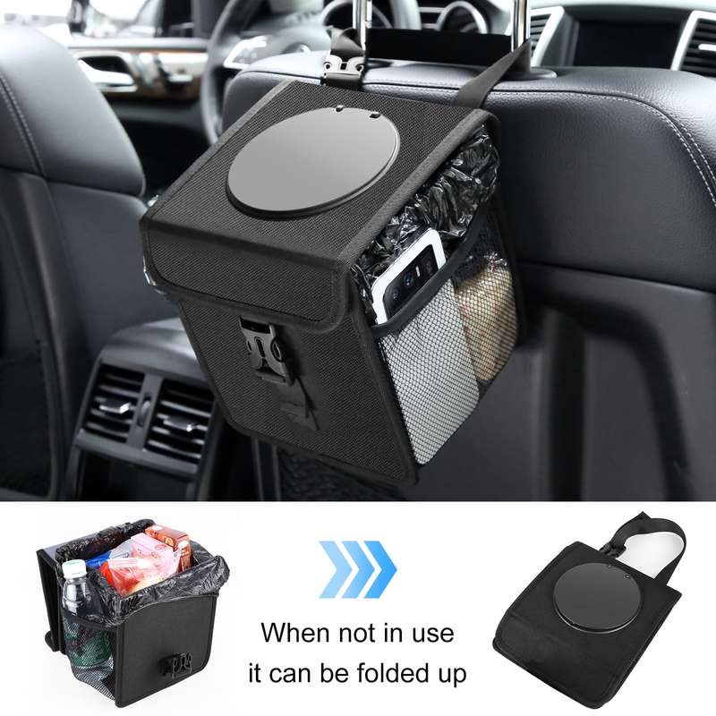 FUNADD Portable Folding Car Back Seat Hook Garbage Can Car Storage Box (Black)