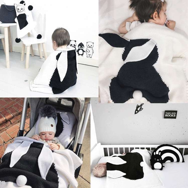Rabbit Pattern Stereoscopic Ears Baby Knitted Blanket(Grey)