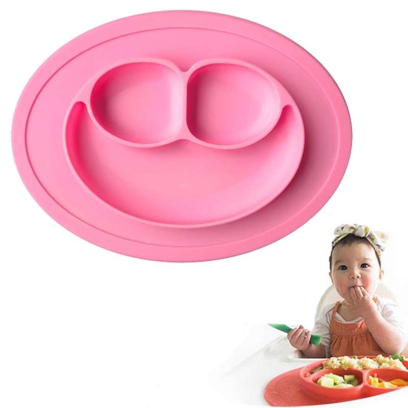 Smile Style One-piece Round Silicone Suction Placemat for Children, Built-in Plate and Bowl (Green)