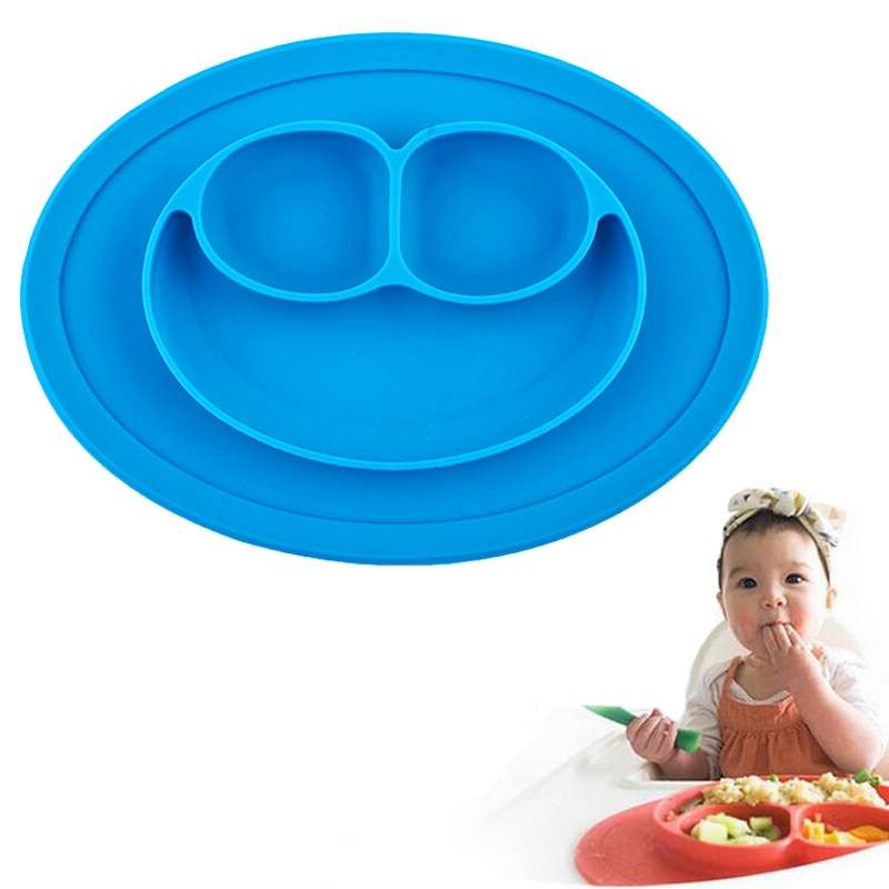 Smile Style One-piece Round Silicone Suction Placemat for Children, Built-in Plate and Bowl (Green)