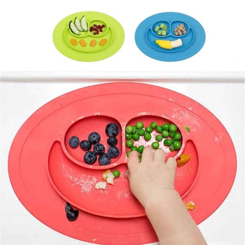 Smile Style One-piece Round Silicone Suction Placemat for Children, Built-in Plate and Bowl (Green)