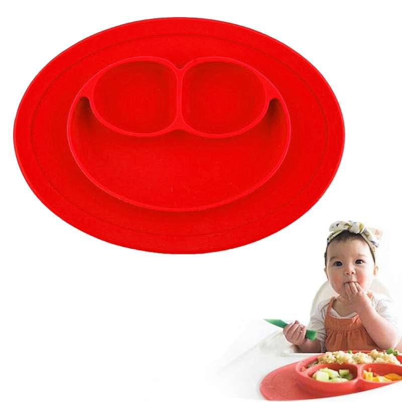 Smile Style One-piece Round Silicone Suction Placemat for Children, Built-in Plate and Bowl (Green)
