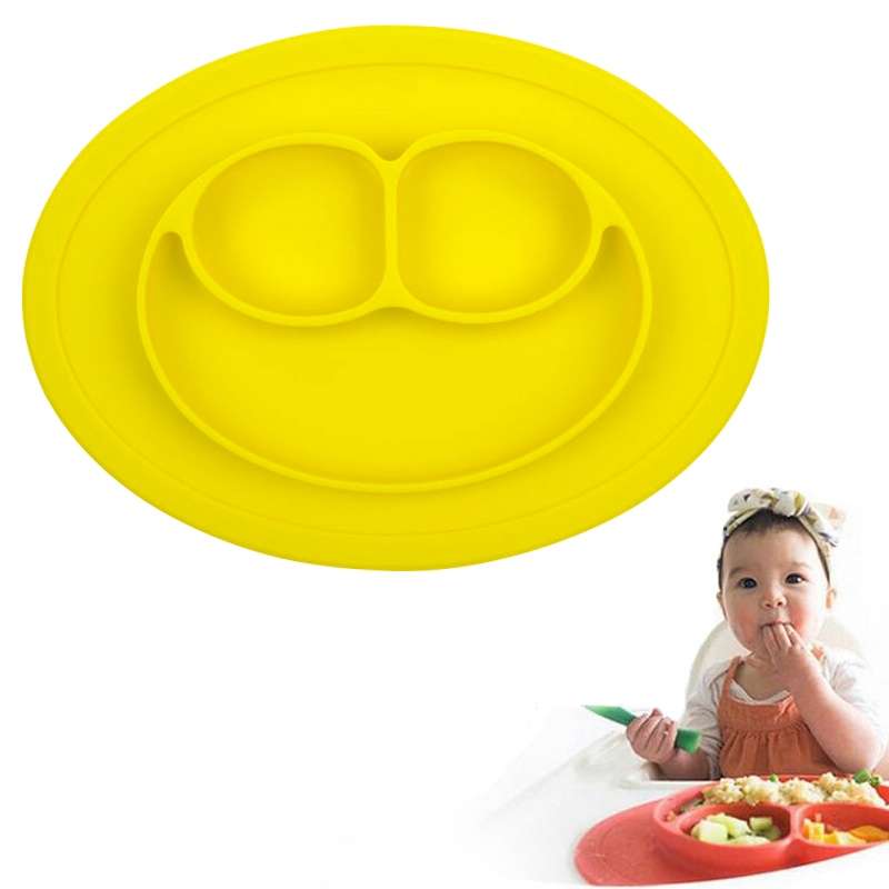 Smile Style One-piece Round Silicone Suction Placemat for Children, Built-in Plate and Bowl (Green)
