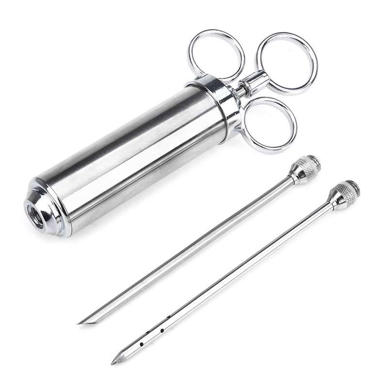 60ml Stainless Steel Syringe Dual Needles Condiment Turkey Meat Injector Cooking Tools (Silver)