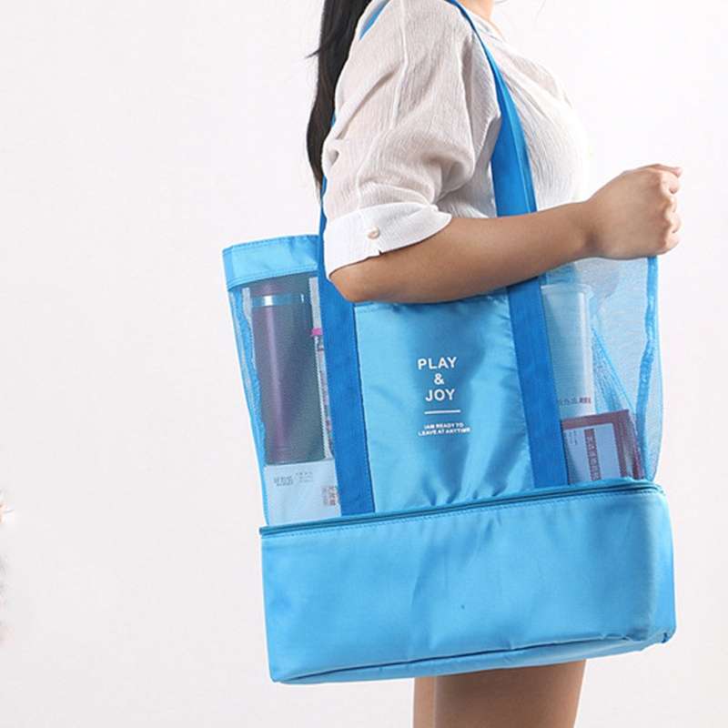 Portable Double Layer Mesh Sport Duffel Beach Picnic Shoulder Storage Bag Handbag(Blue)