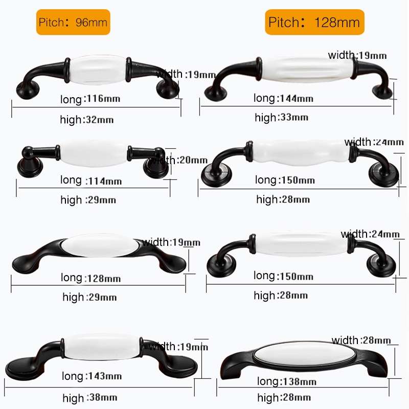 2 PCS 5003_128 Black and White Ceramic Closet Cabinet Handle Pitch: 128mm