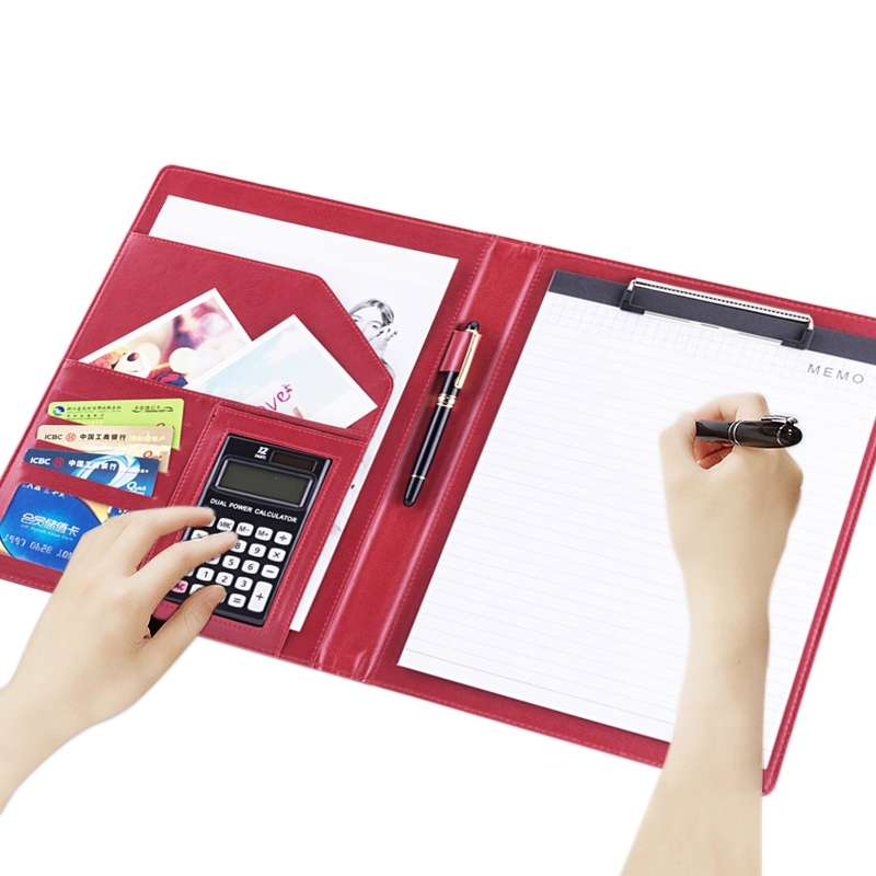 Office Supplies Business Style Leather Document Folder with 30-pages A4 Note Pad & Calculator (Black